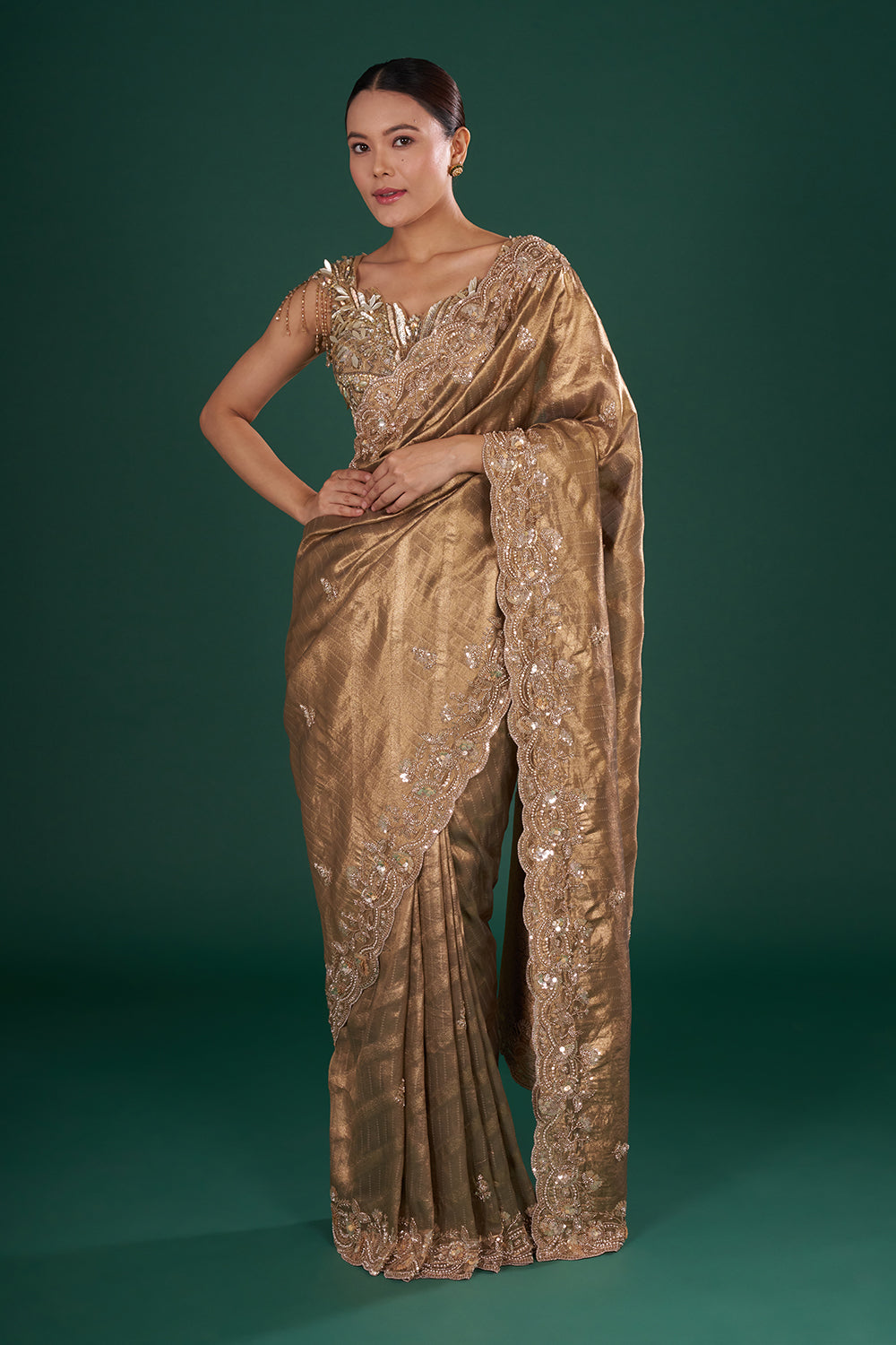 Antique Gold Embroidered Shimmer Zari Brocade Saree and Unstitched Blouse