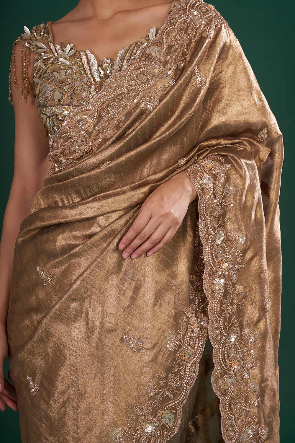 Antique Gold Embroidered Shimmer Zari Brocade Saree and Unstitched Blouse