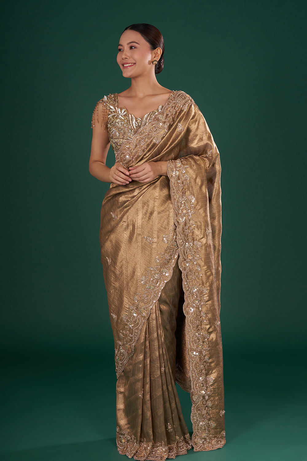 Antique Gold Embroidered Shimmer Zari Brocade Saree and Unstitched Blouse