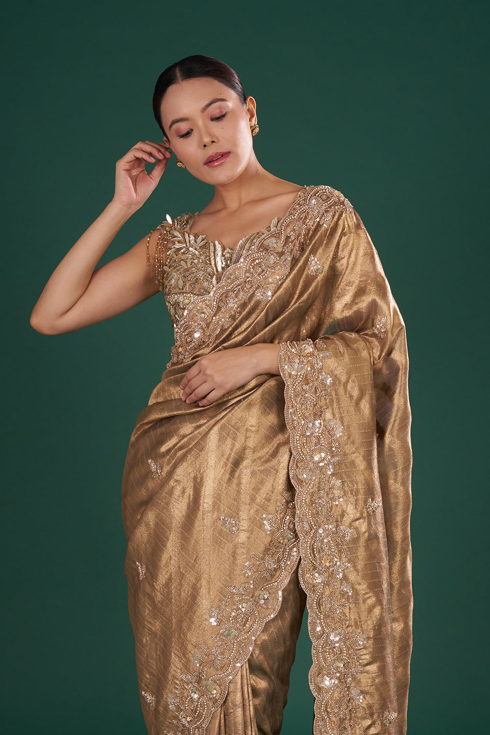 Antique Gold Embroidered Shimmer Zari Brocade Saree and Unstitched Blouse