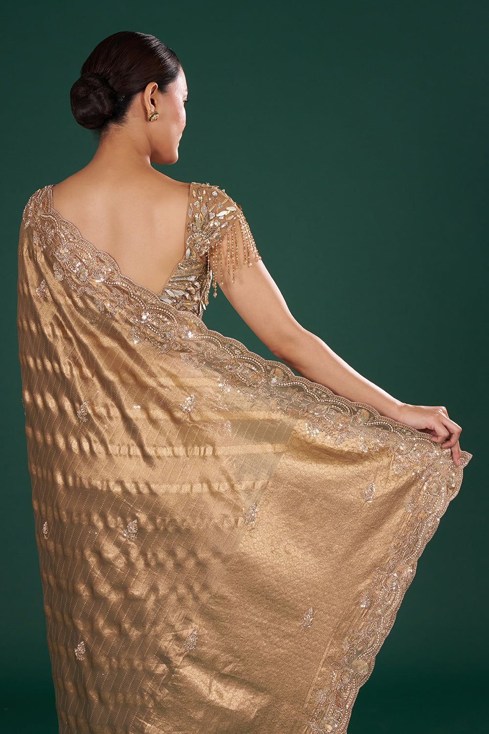 Antique Gold Embroidered Shimmer Zari Brocade Saree and Unstitched Blouse