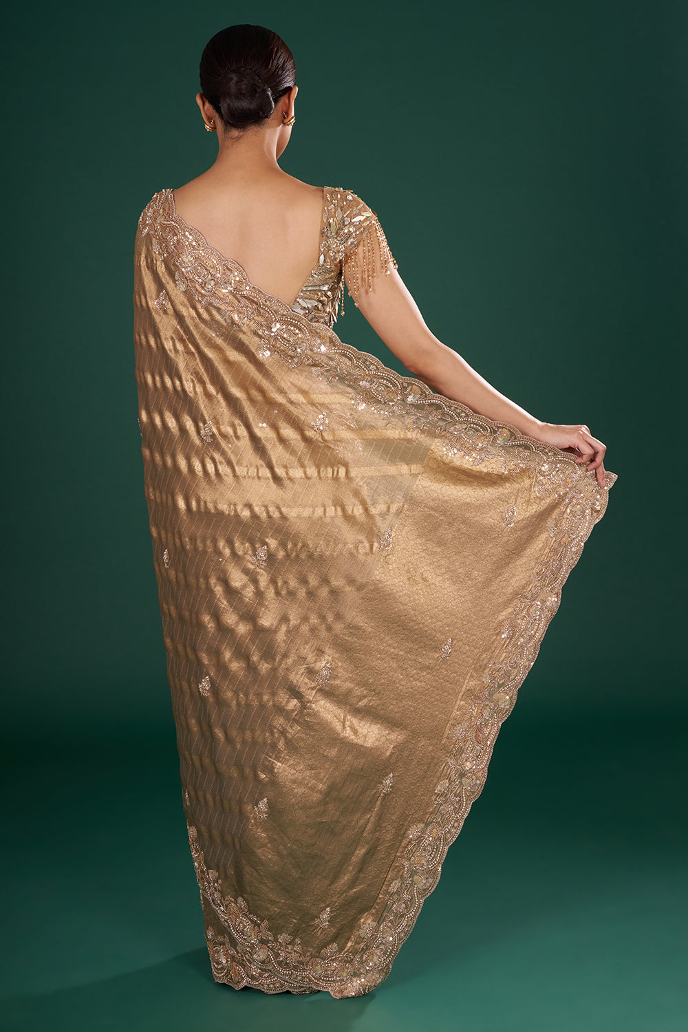 Antique Gold Embroidered Shimmer Zari Brocade Saree and Unstitched Blouse