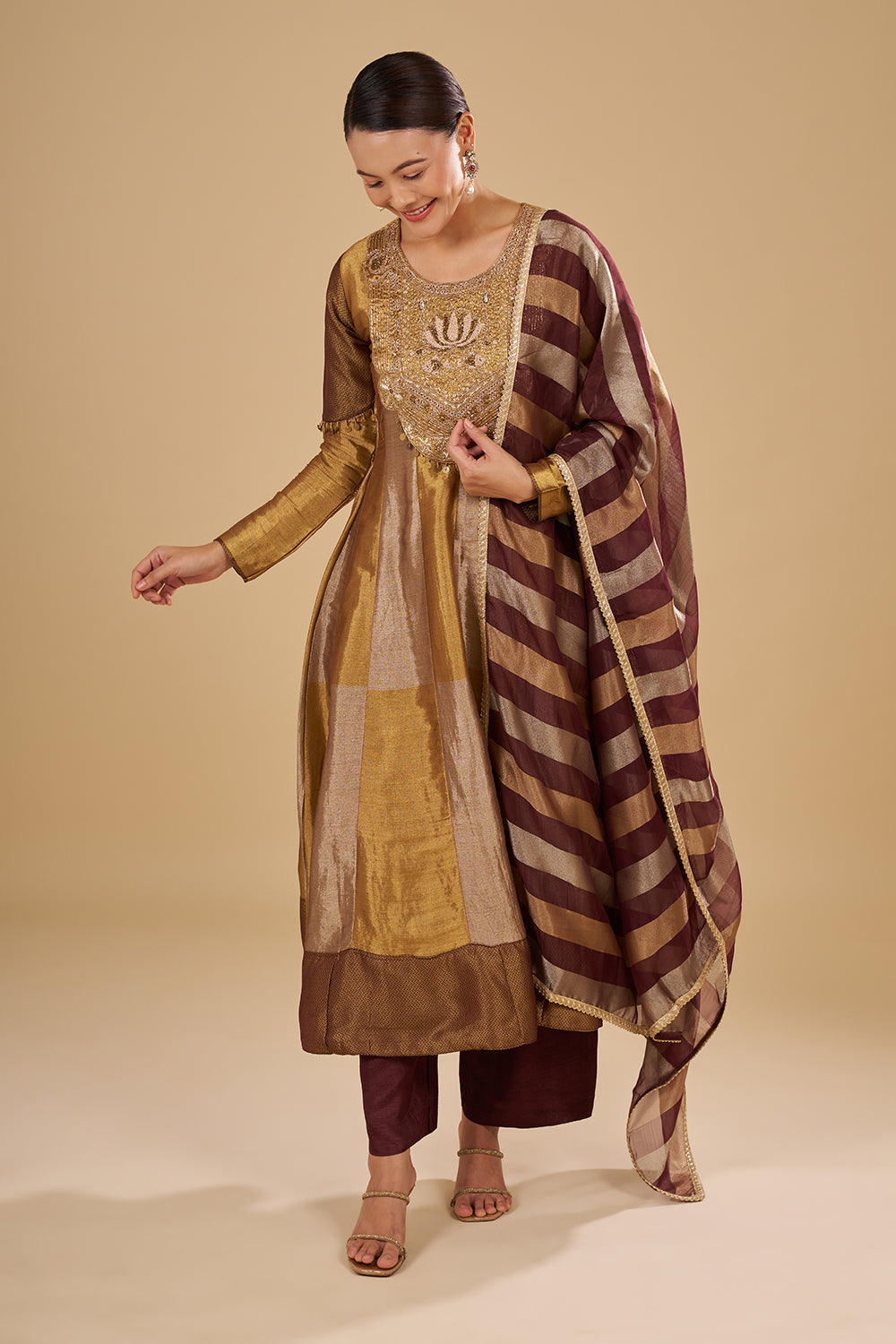 Antique Gold Pure Zari Silk Anarkali Set with Zardozi and Sequins Hand Embroidery