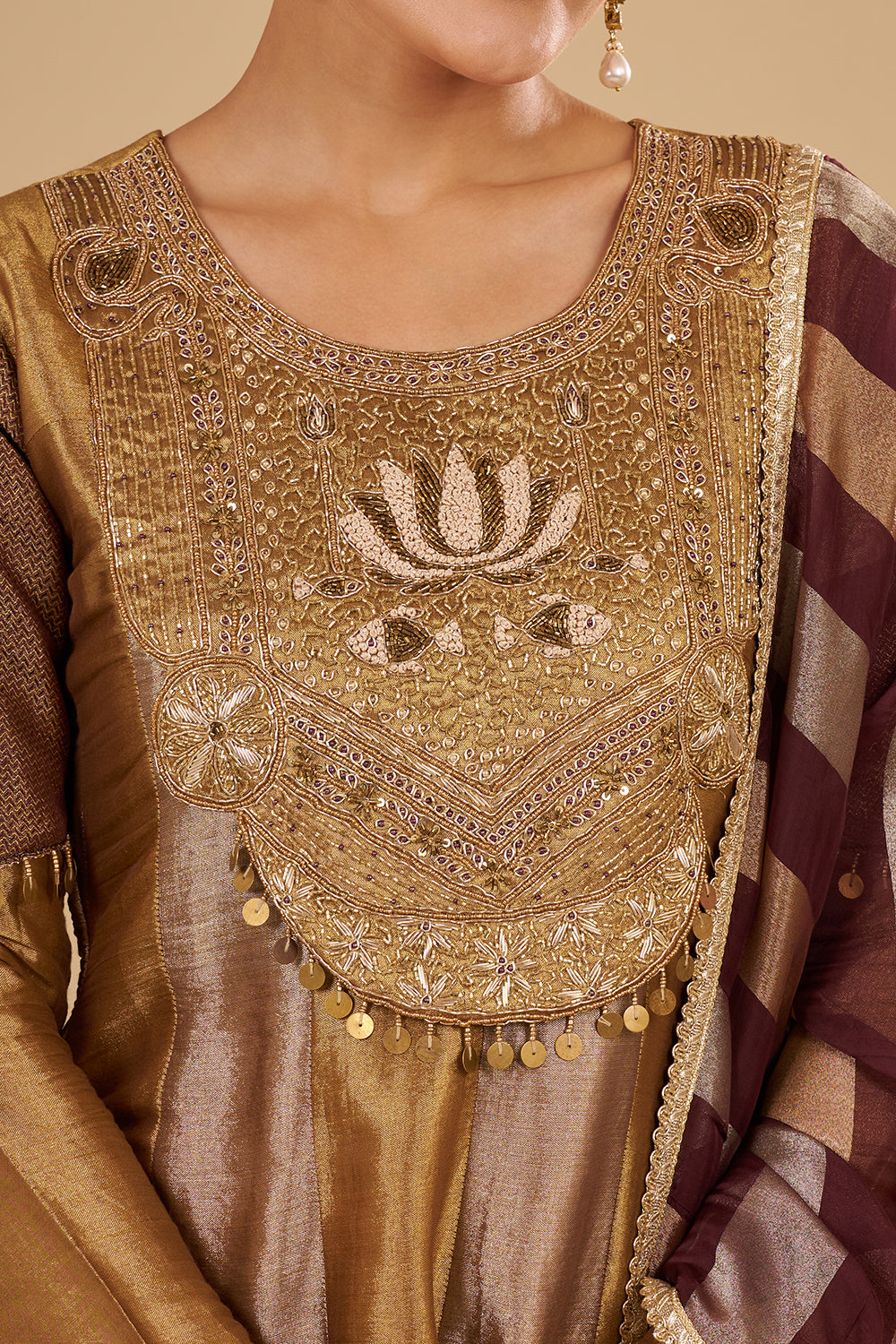 Antique Gold Pure Zari Silk Anarkali Set with Zardozi and Sequins Hand Embroidery