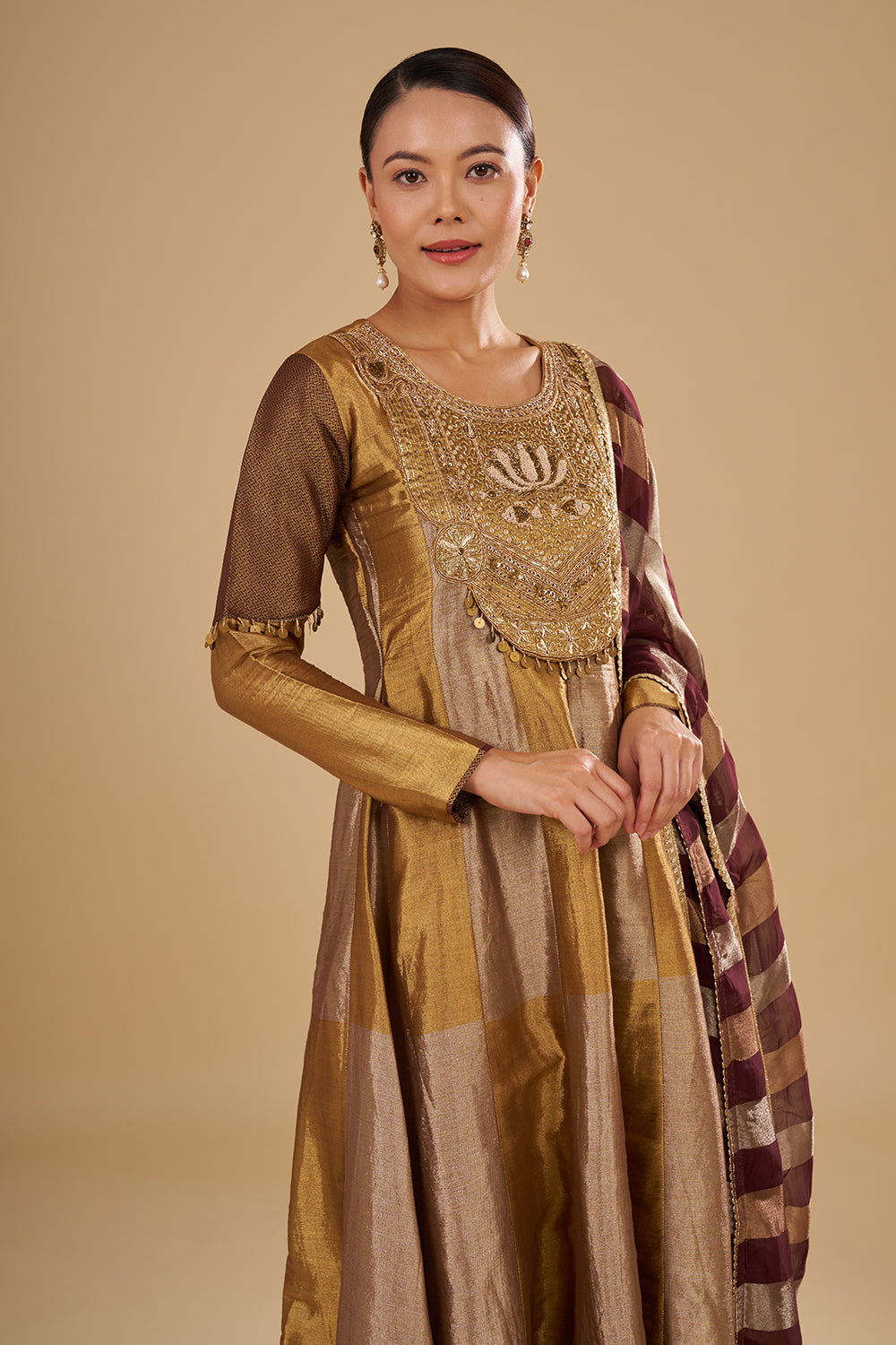 Antique Gold Pure Zari Silk Anarkali Set with Zardozi and Sequins Hand Embroidery