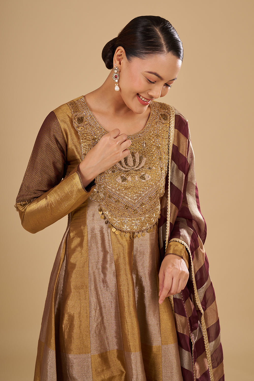 Antique Gold Pure Zari Silk Anarkali Set with Zardozi and Sequins Hand Embroidery