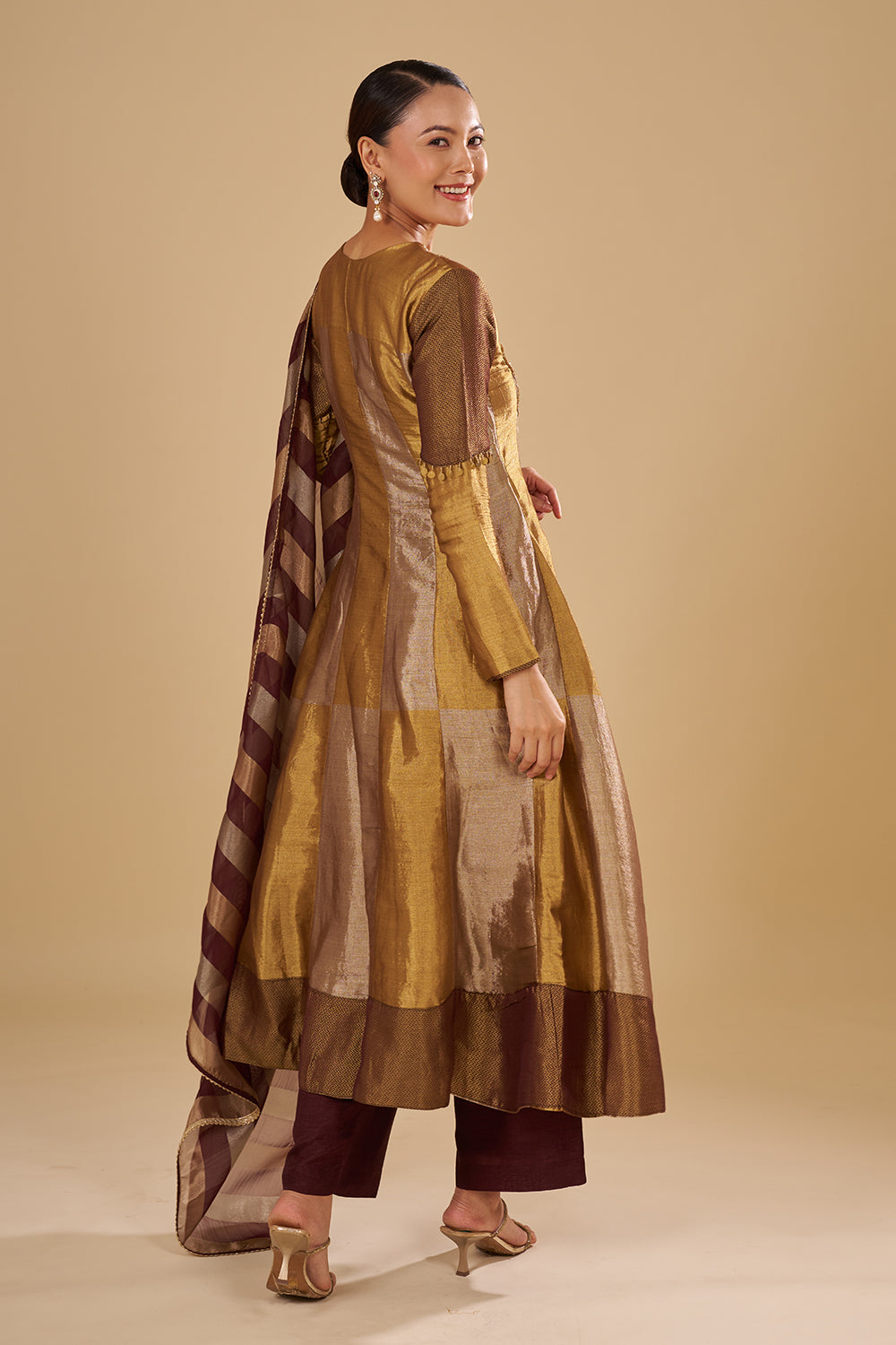 Antique Gold Pure Zari Silk Anarkali Set with Zardozi and Sequins Hand Embroidery