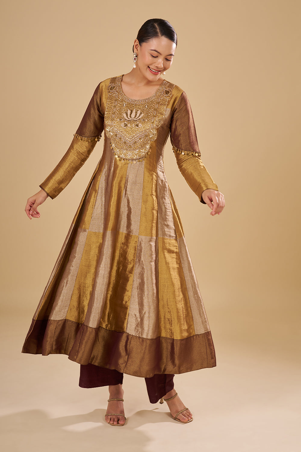 Antique Gold Pure Zari Silk Anarkali Set with Zardozi and Sequins Hand Embroidery