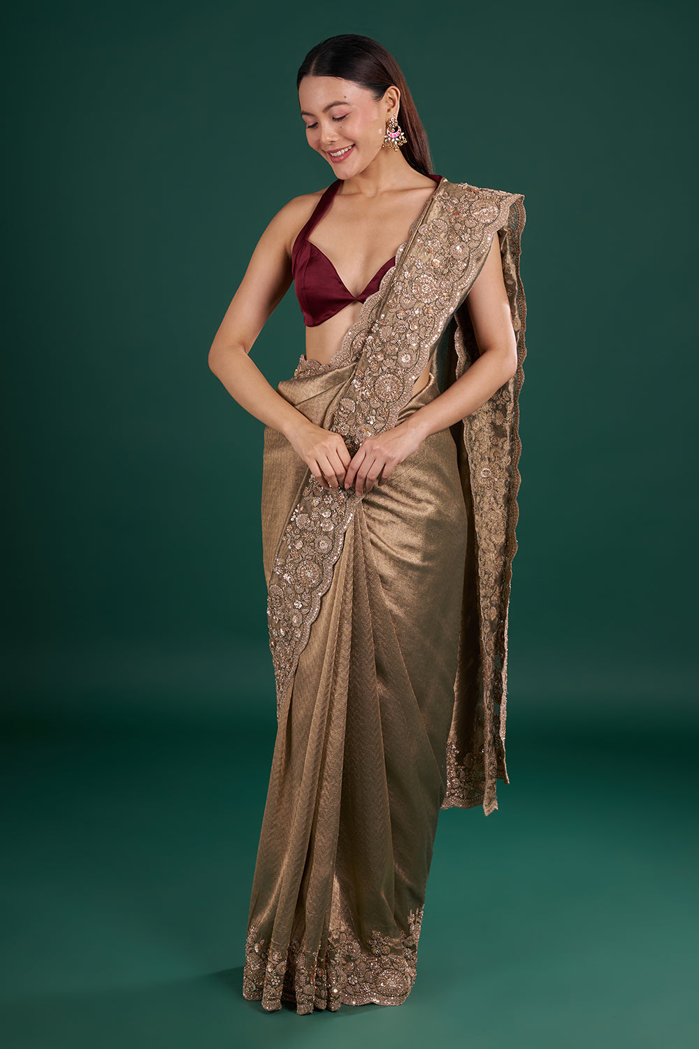 Antique Gold Shimmer Saree with Floral Sequin Embroidery and Unstitched Blouse