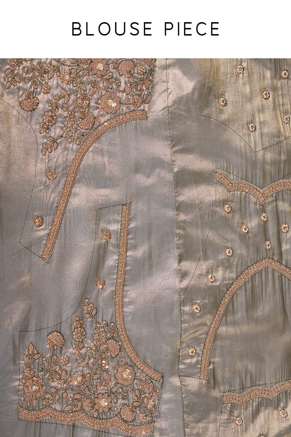 Antique Gold Shimmer Saree with Floral Sequin Embroidery and Unstitched Blouse