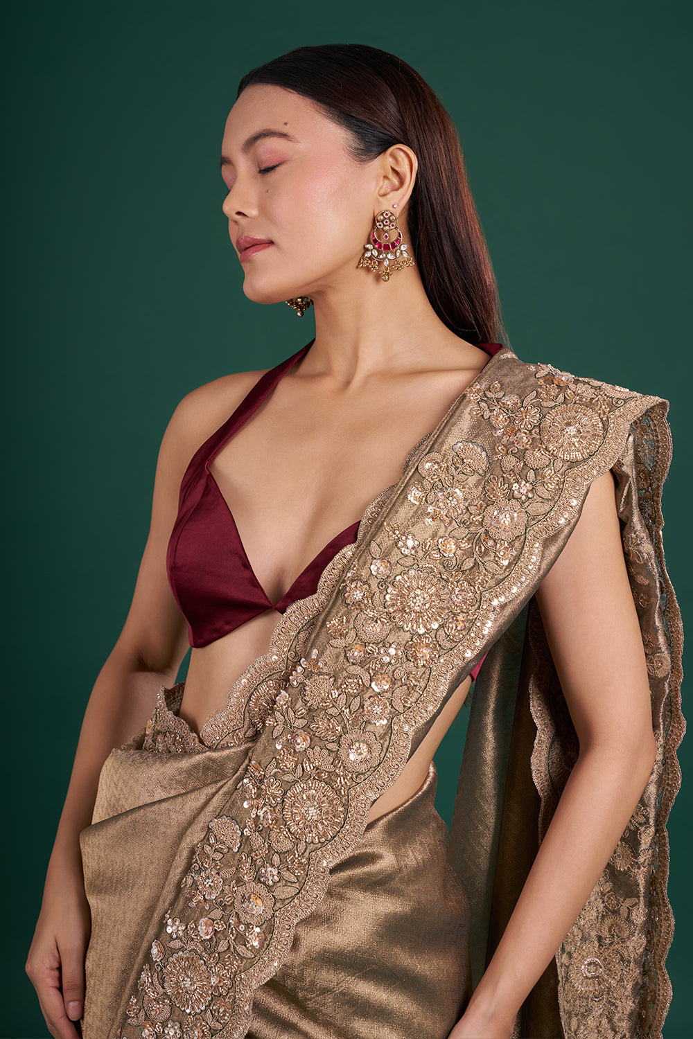 Antique Gold Shimmer Saree with Floral Sequin Embroidery and Unstitched Blouse