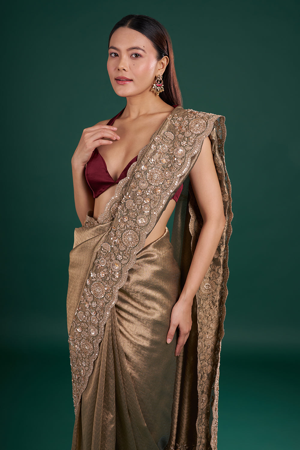 Antique Gold Shimmer Saree with Floral Sequin Embroidery and Unstitched Blouse