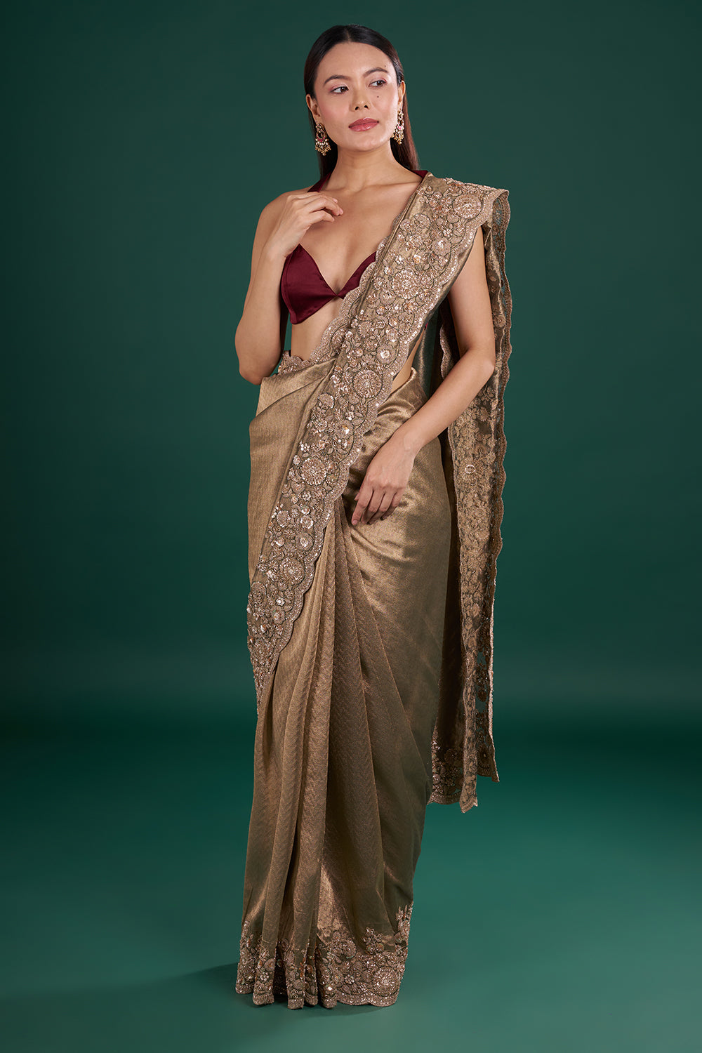 Antique Gold Shimmer Saree with Floral Sequin Embroidery and Unstitched Blouse