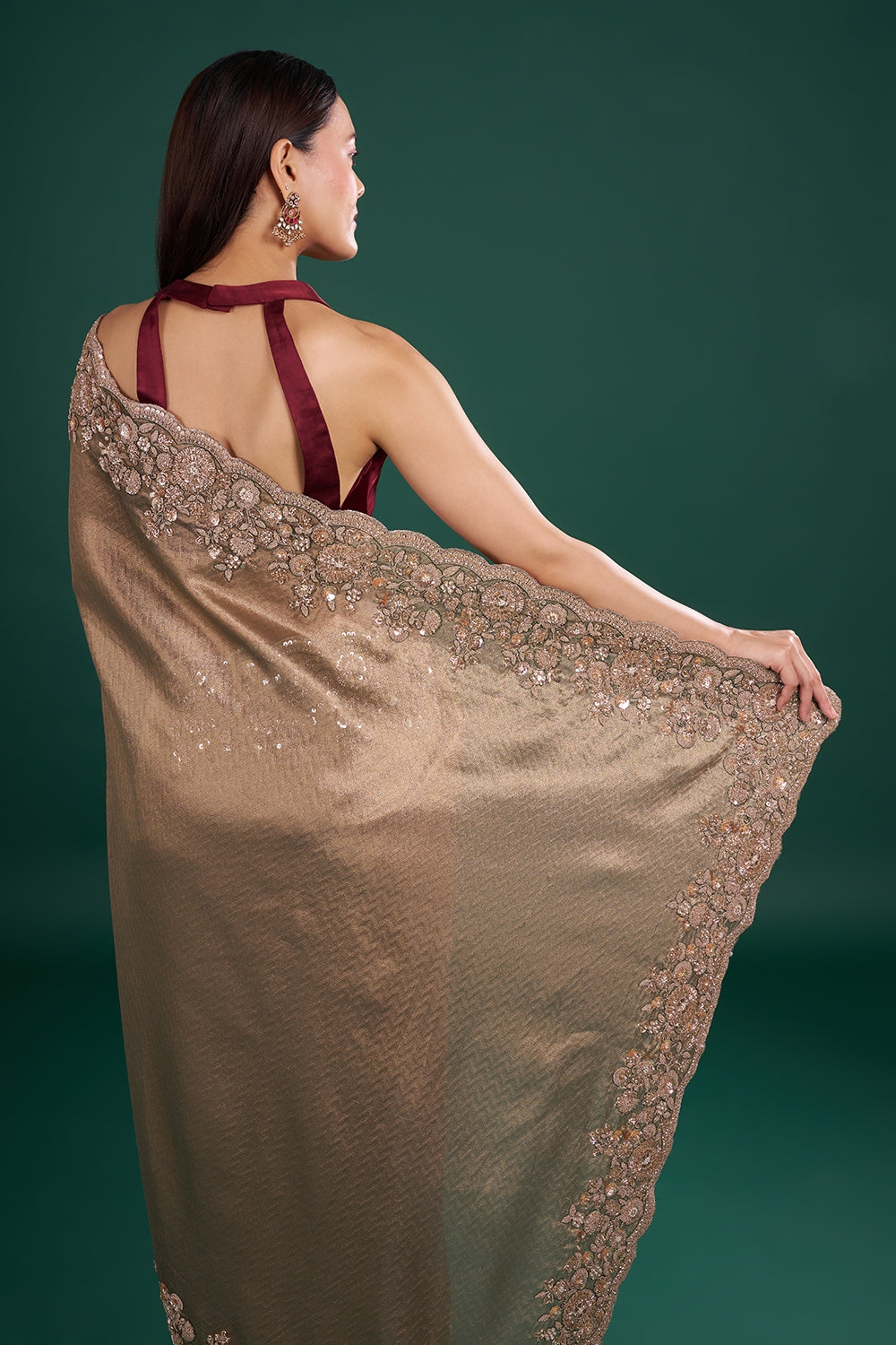 Antique Gold Shimmer Saree with Floral Sequin Embroidery and Unstitched Blouse