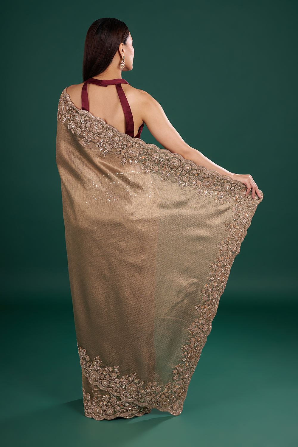 Antique Gold Shimmer Saree with Floral Sequin Embroidery and Unstitched Blouse