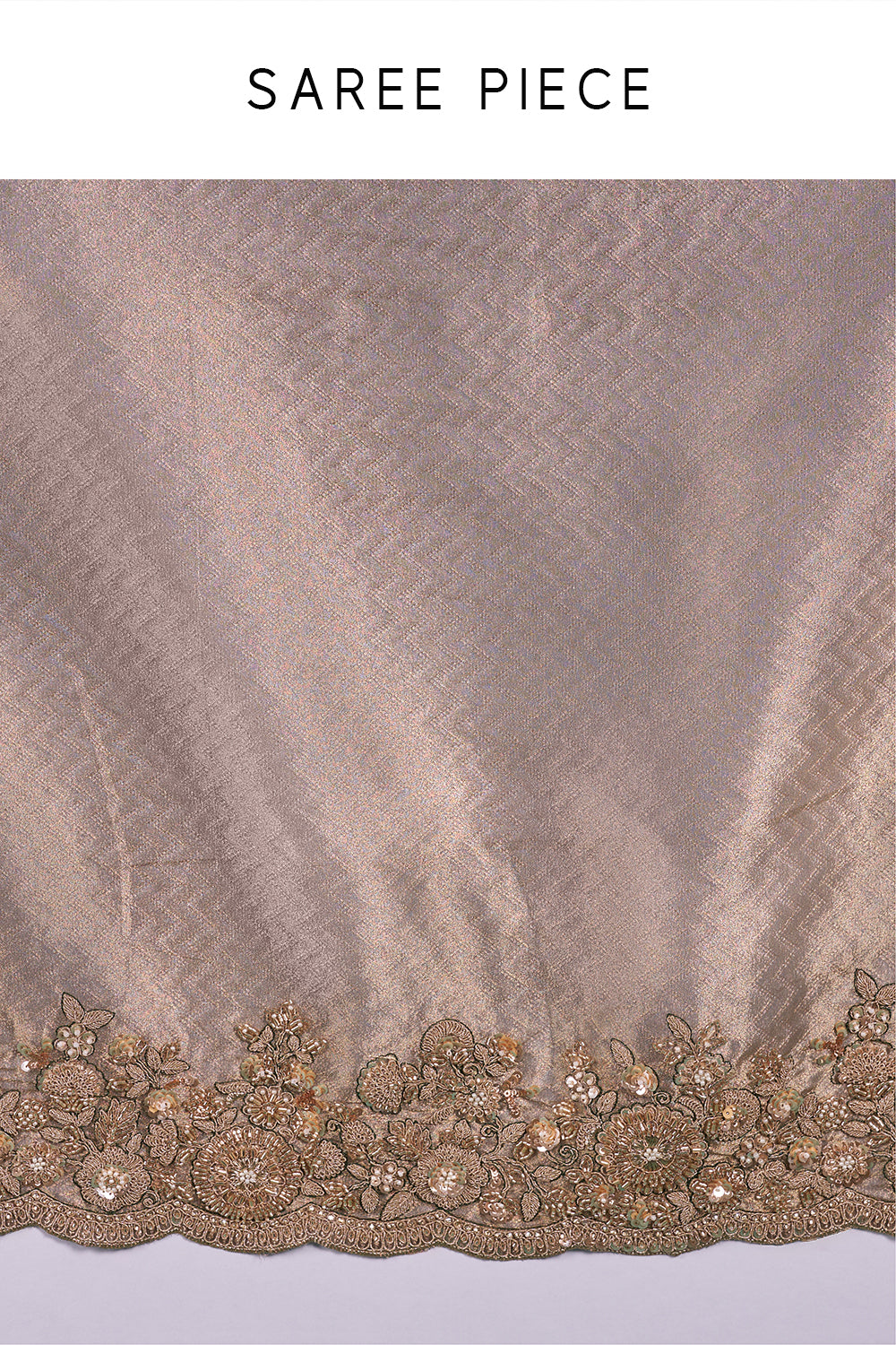 Antique Gold Shimmer Saree with Floral Sequin Embroidery and Unstitched Blouse