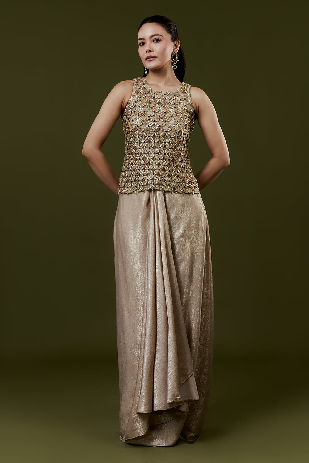 Antique Gold Shimmer Satin Indo Western Set with Cutwork and Sequins