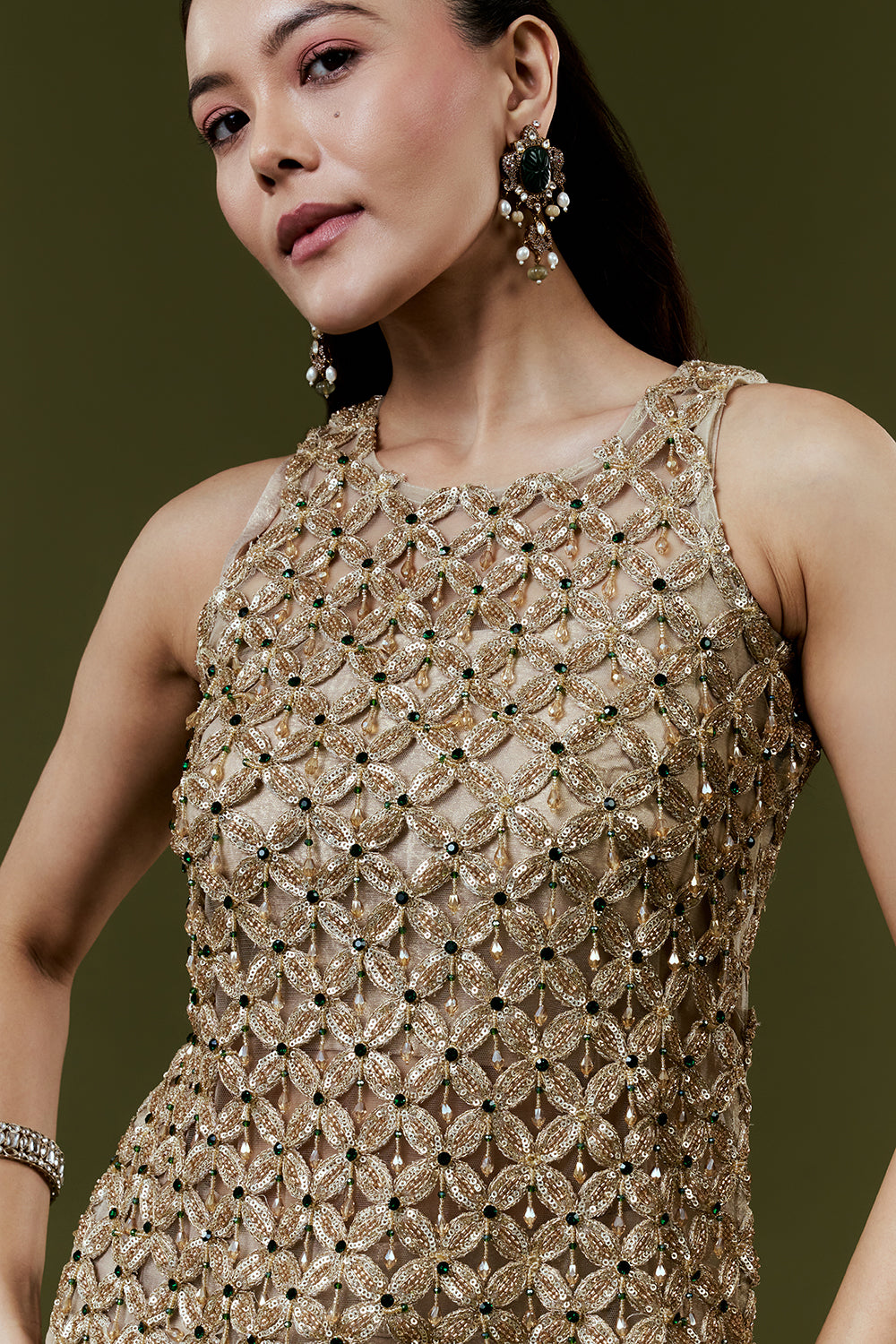 Antique Gold Shimmer Satin Indo Western Set with Cutwork and Sequins