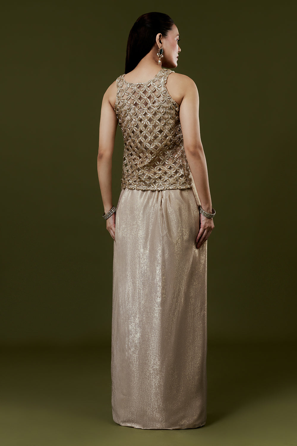 Antique Gold Shimmer Satin Indo Western Set with Cutwork and Sequins