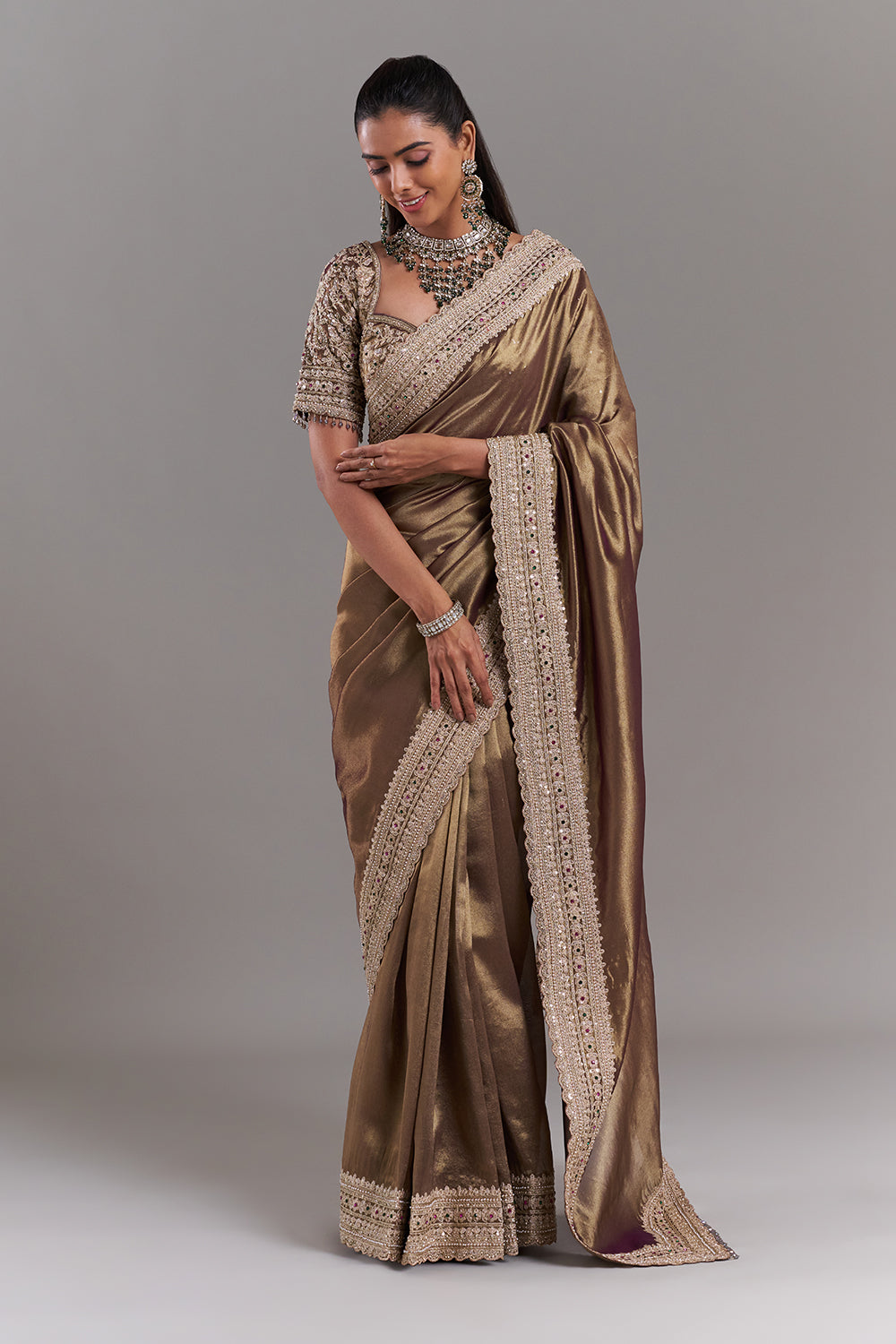 Antique Gold Shimmer Tissue Embroidered Saree with Stitched Blouse