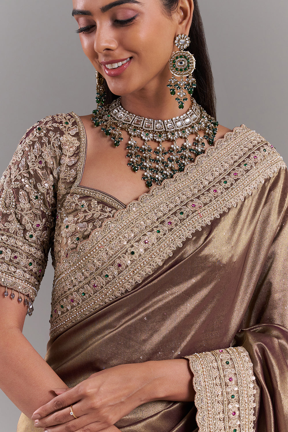 Antique Gold Shimmer Tissue Embroidered Saree with Stitched Blouse