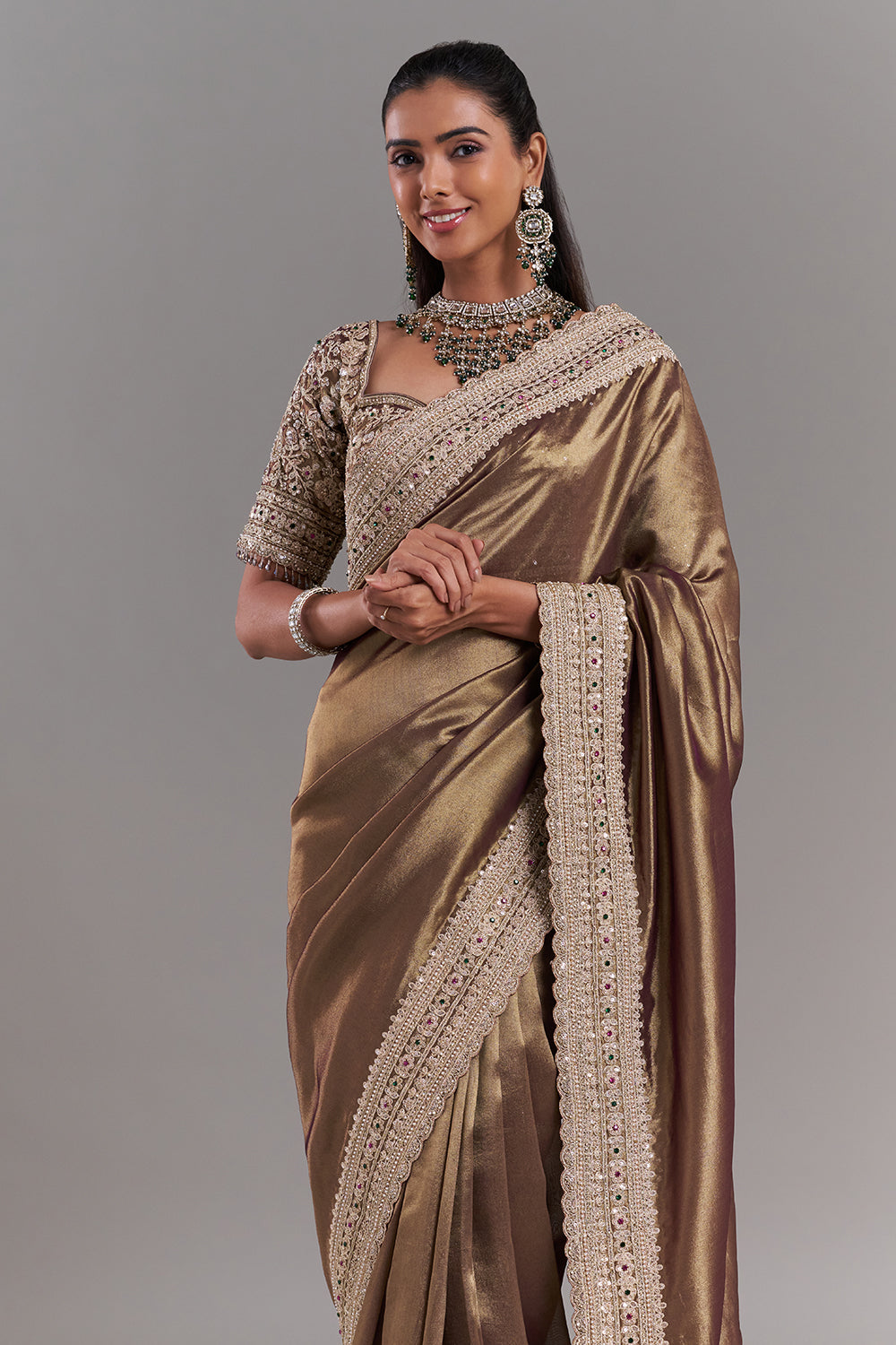 Antique Gold Shimmer Tissue Embroidered Saree with Stitched Blouse
