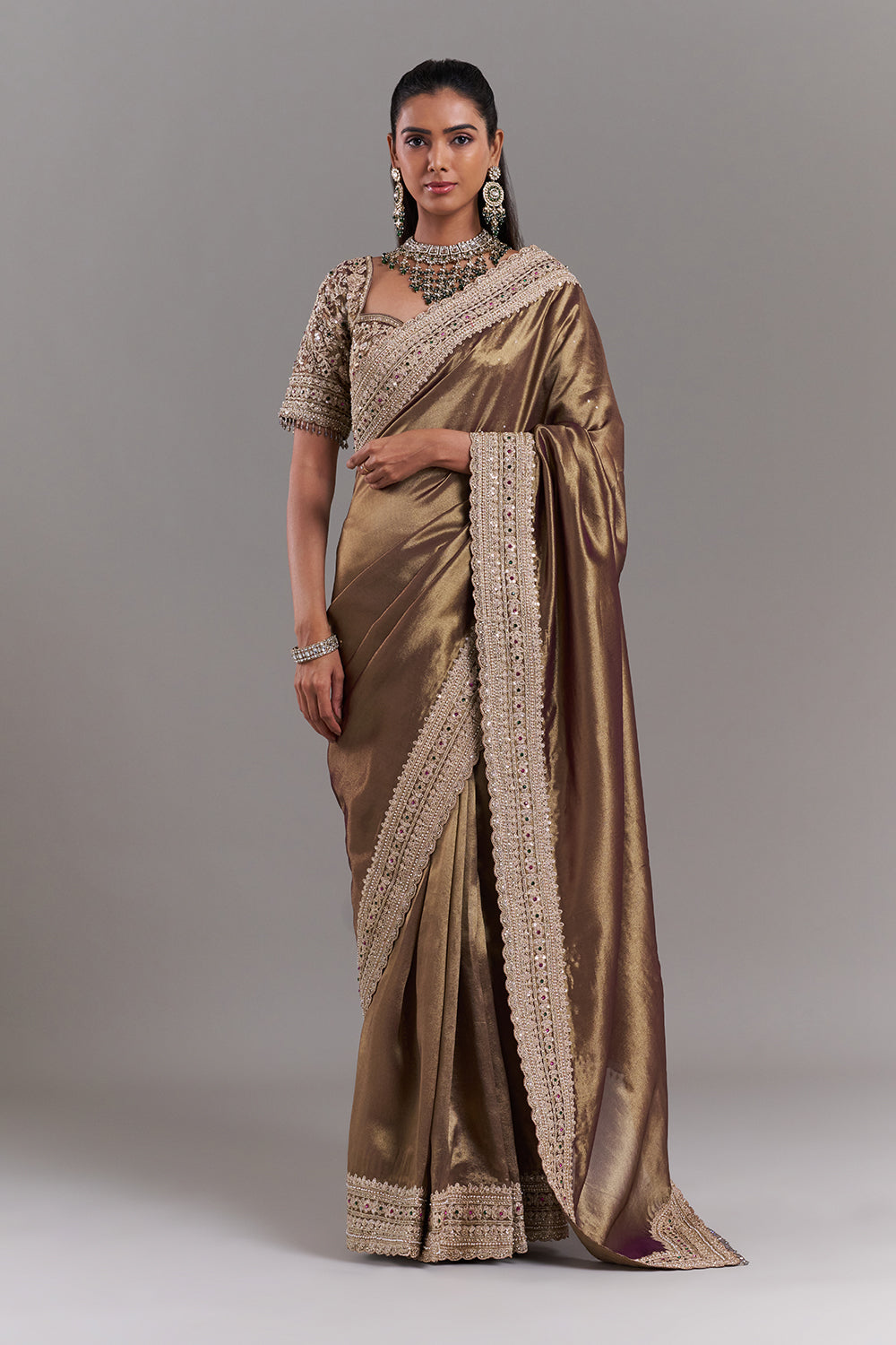 Antique Gold Shimmer Tissue Embroidered Saree with Stitched Blouse