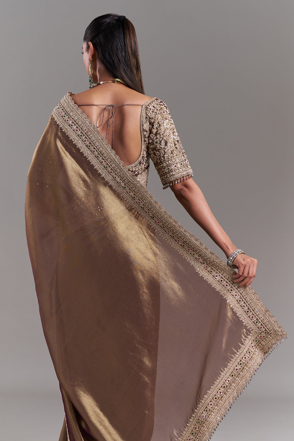 Antique Gold Shimmer Tissue Embroidered Saree with Stitched Blouse