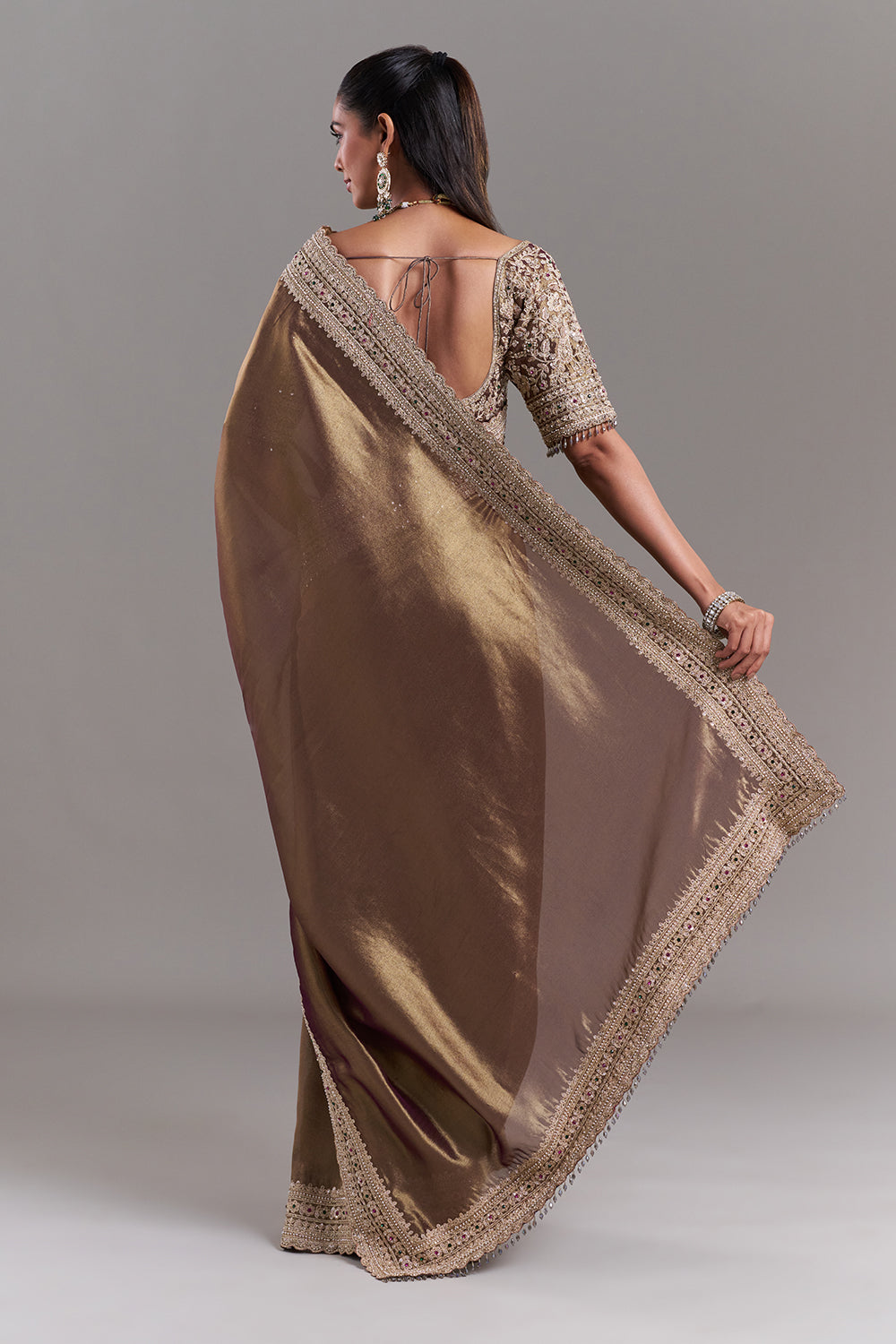Antique Gold Shimmer Tissue Embroidered Saree with Stitched Blouse