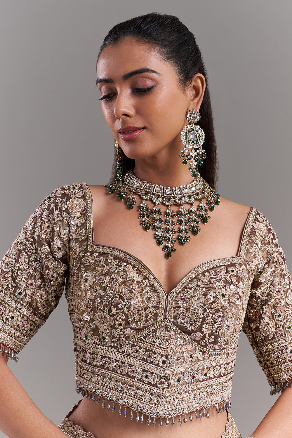 Antique Gold Shimmer Tissue Embroidered Saree with Stitched Blouse
