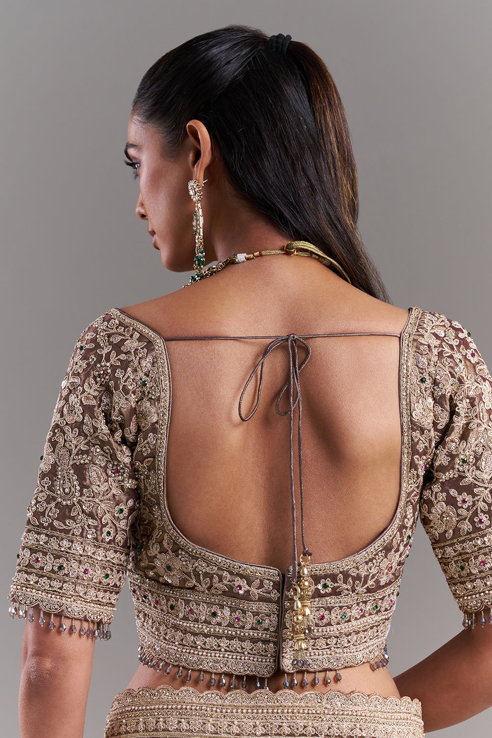 Antique Gold Shimmer Tissue Embroidered Saree with Stitched Blouse