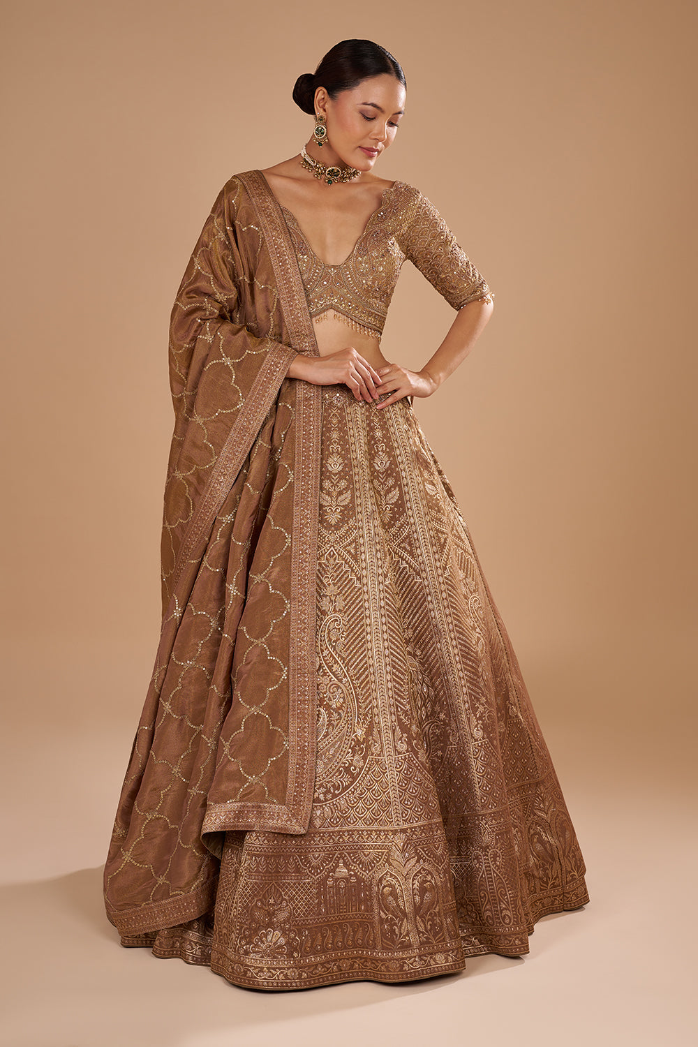 Antique Gold Shimmer Zari Tissue Lehenga Set with Fully Jal Embroidery
