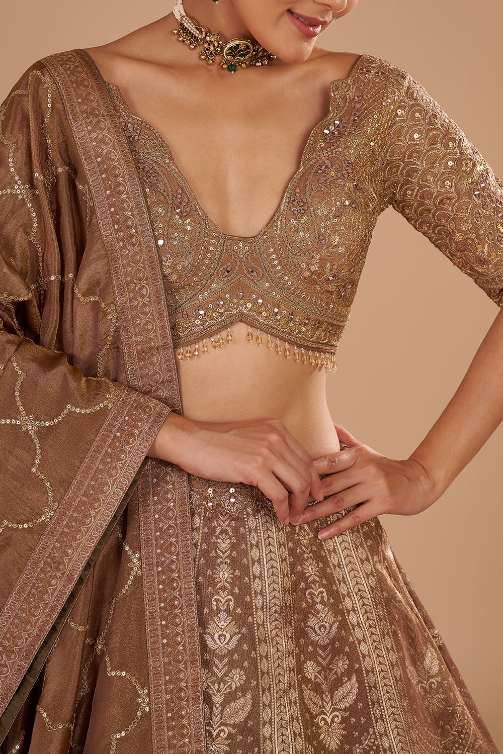 Antique Gold Shimmer Zari Tissue Lehenga Set with Fully Jal Embroidery
