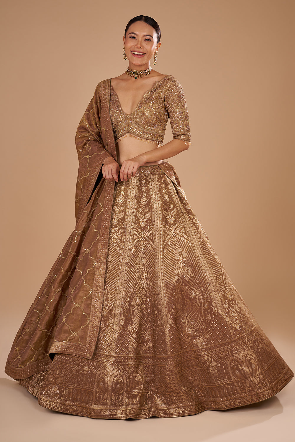 Antique Gold Shimmer Zari Tissue Lehenga Set with Fully Jal Embroidery