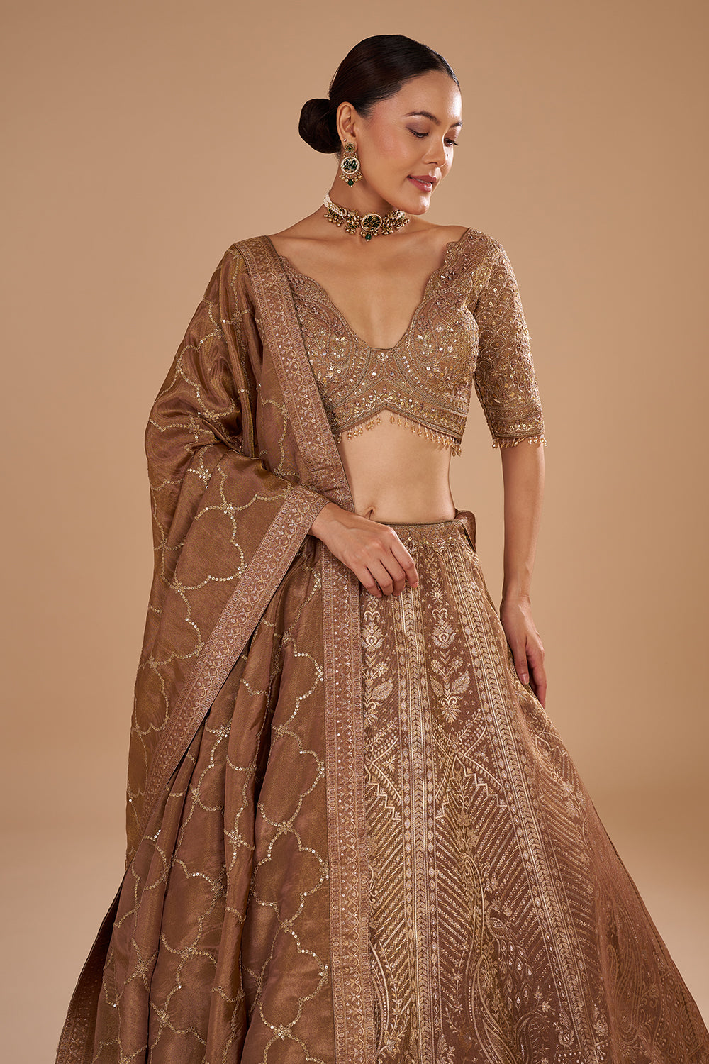Antique Gold Shimmer Zari Tissue Lehenga Set with Fully Jal Embroidery