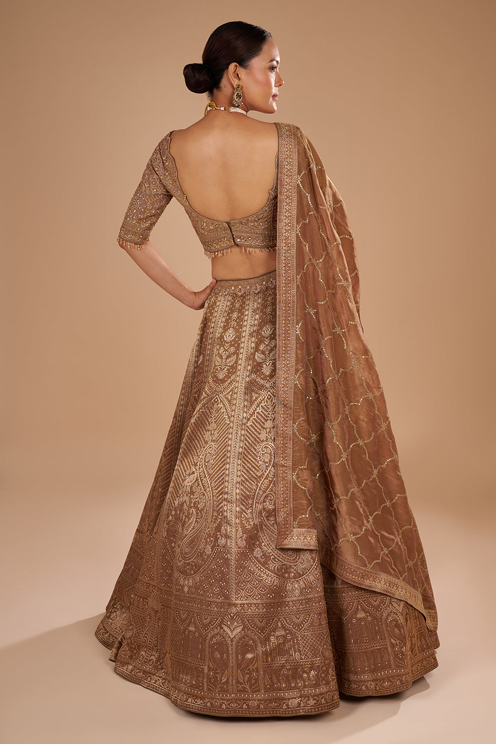 Antique Gold Shimmer Zari Tissue Lehenga Set with Fully Jal Embroidery