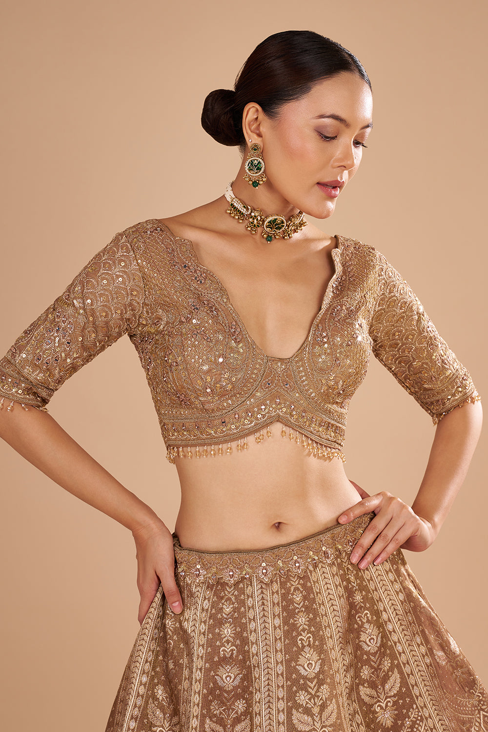 Antique Gold Shimmer Zari Tissue Lehenga Set with Fully Jal Embroidery