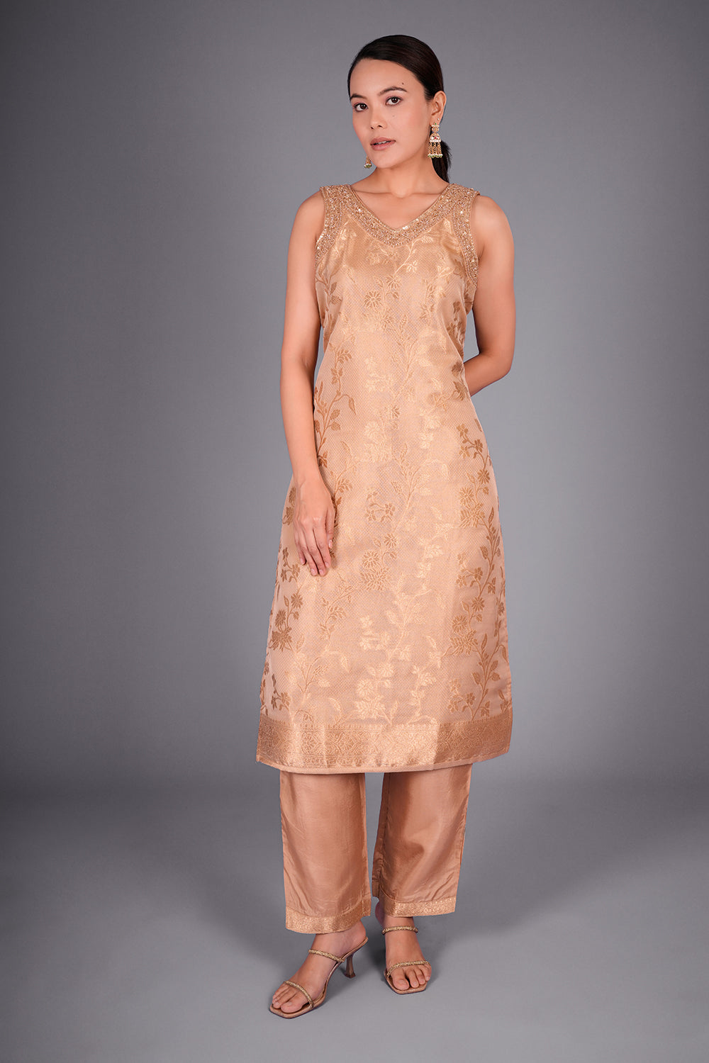 Antique Gold Tissue Banarasi Kurta Set with Cutdana and Sequin Hand Embroidery