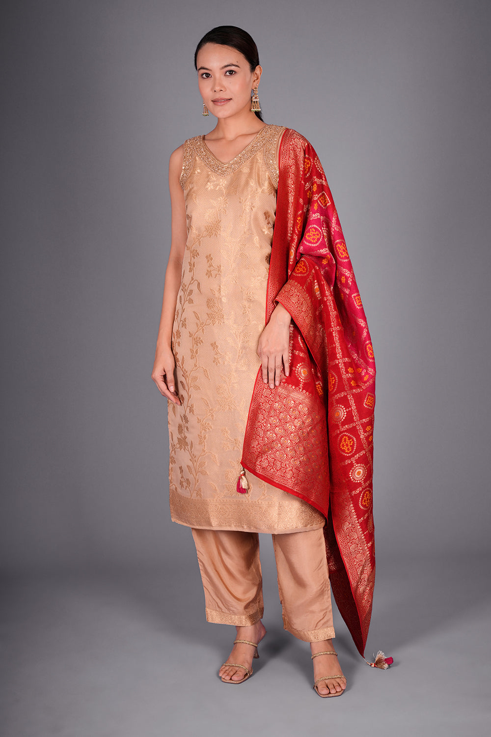 Antique Gold Tissue Banarasi Kurta Set with Cutdana and Sequin Hand Embroidery