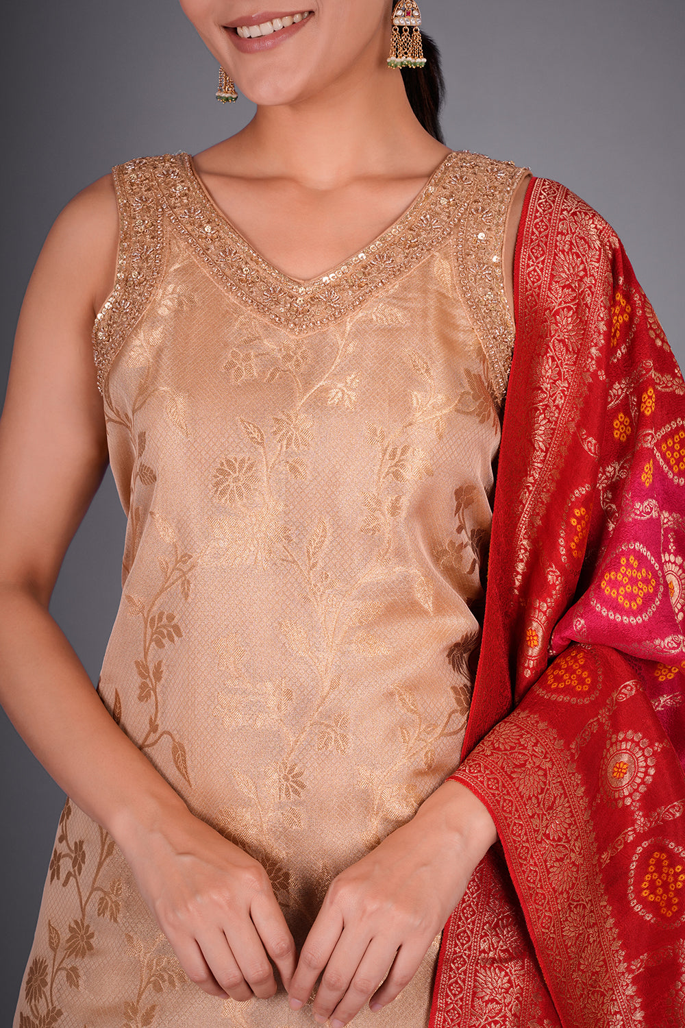 Antique Gold Tissue Banarasi Kurta Set with Cutdana and Sequin Hand Embroidery