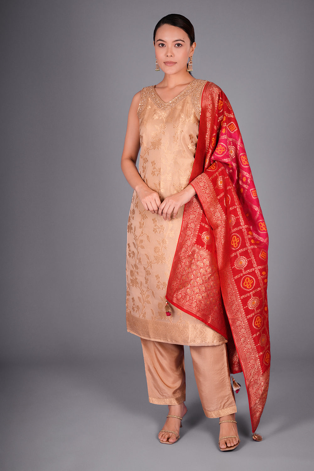 Antique Gold Tissue Banarasi Kurta Set with Cutdana and Sequin Hand Embroidery
