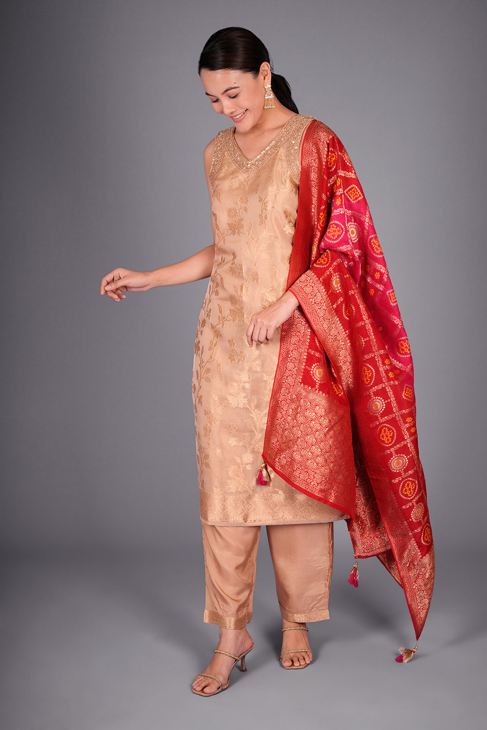 Antique Gold Tissue Banarasi Kurta Set with Cutdana and Sequin Hand Embroidery