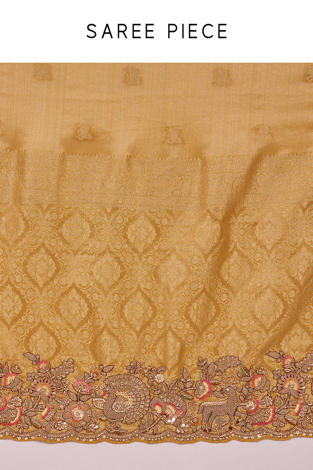 Antique Gold Tissue Saree with Zardozi Border and Unstitched Blouse