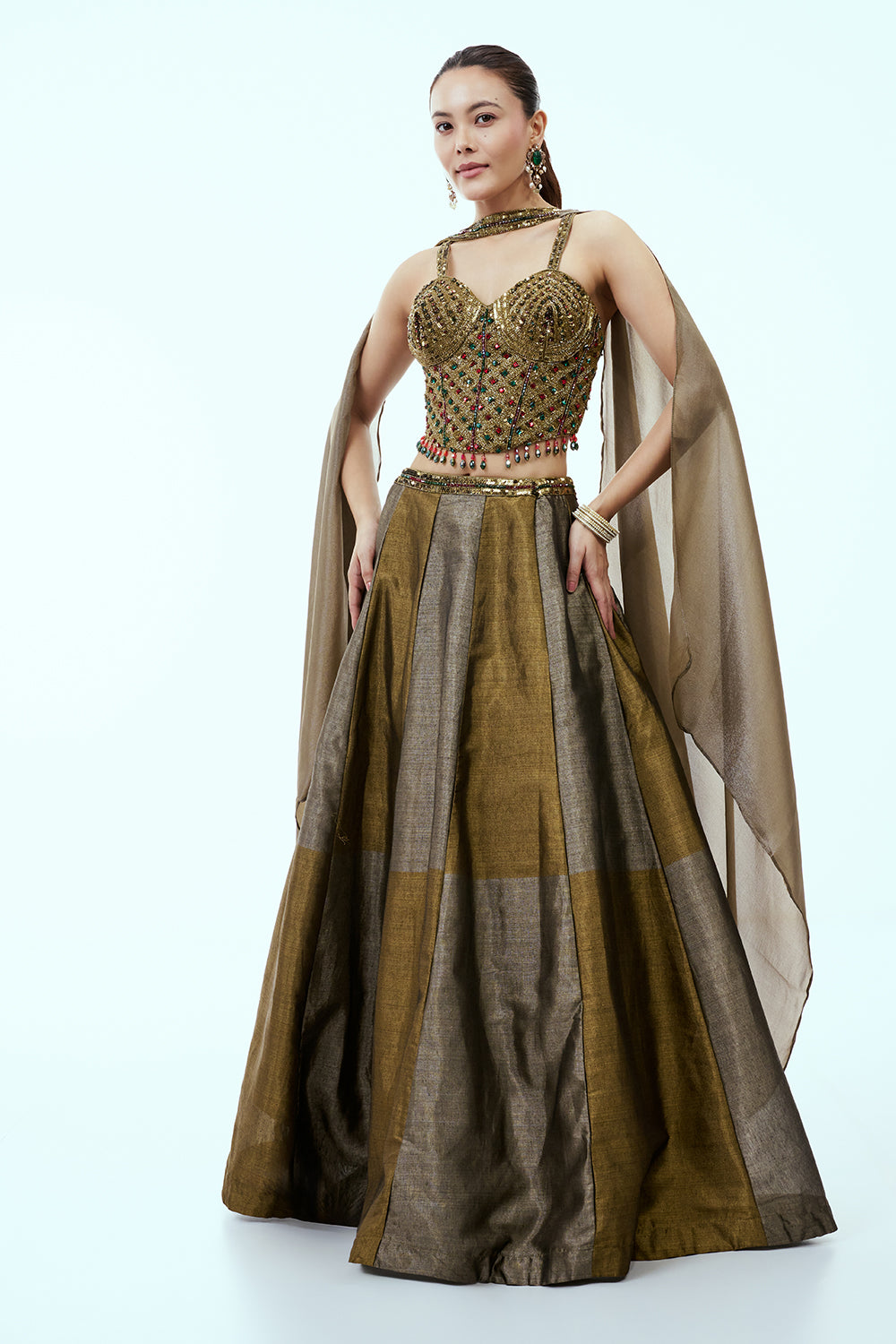Antique Gold Tissue Silk Lehenga with Corset Blouse and Rhinestone Accents