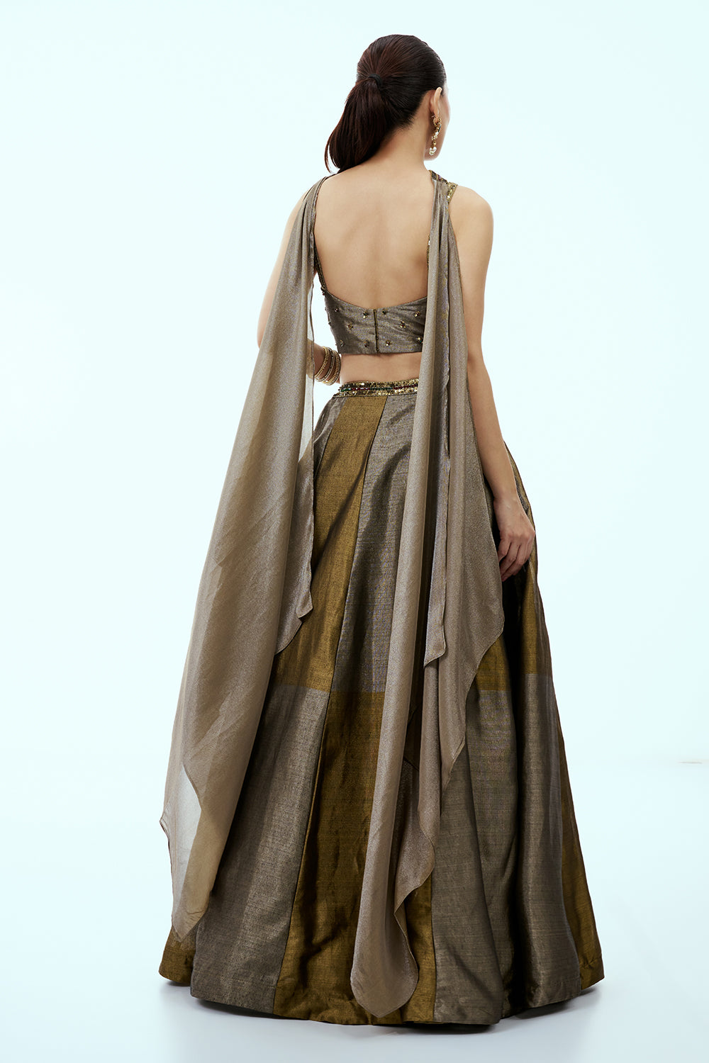 Antique Gold Tissue Silk Lehenga with Corset Blouse and Rhinestone Accents