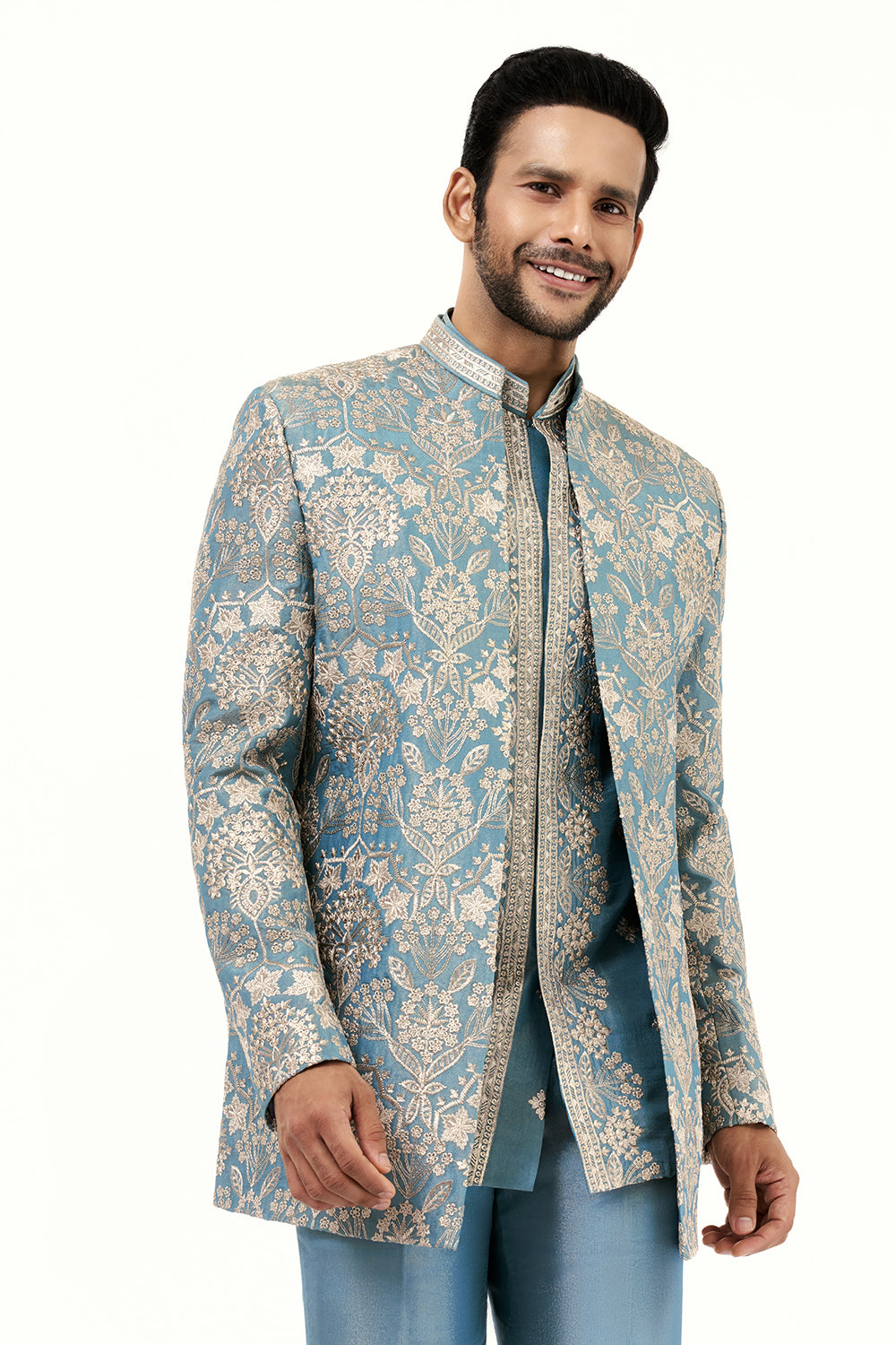 Aqua Blue Art Silk Mens Jodhpuri Set with Resham and Zari Work