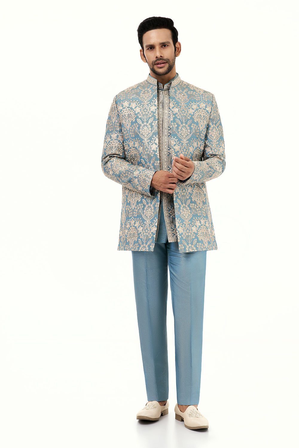 Aqua Blue Art Silk Mens Jodhpuri Set with Resham and Zari Work