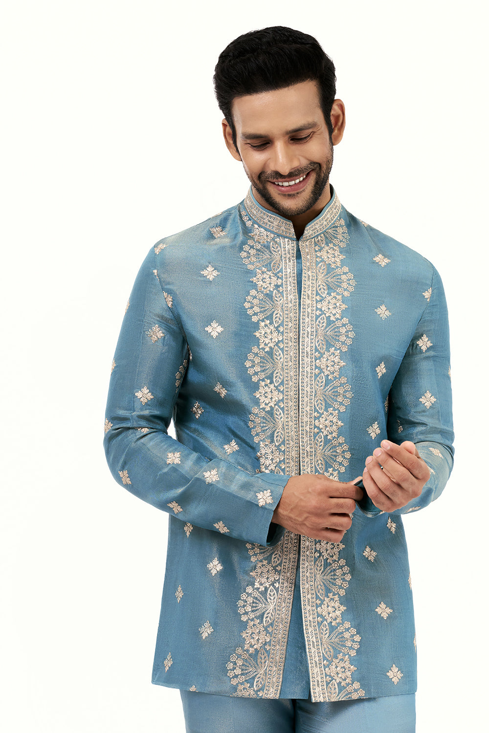 Aqua Blue Art Silk Mens Jodhpuri Set with Resham and Zari Work