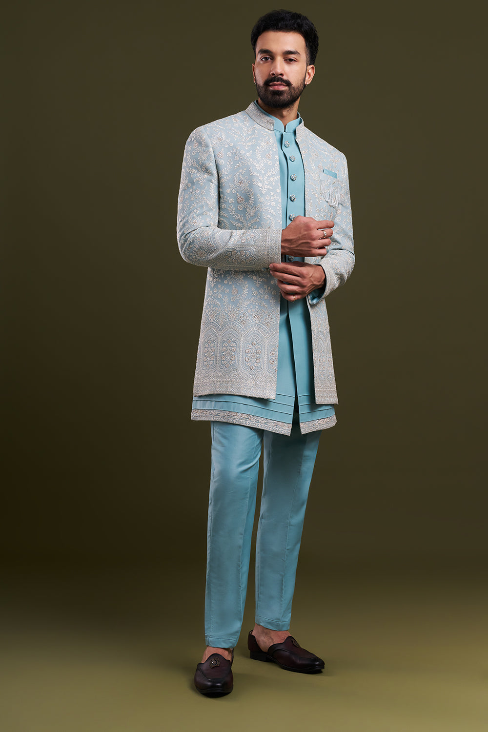 Aqua Blue Nokia Silk Embellished Men's Indo-Western Wear