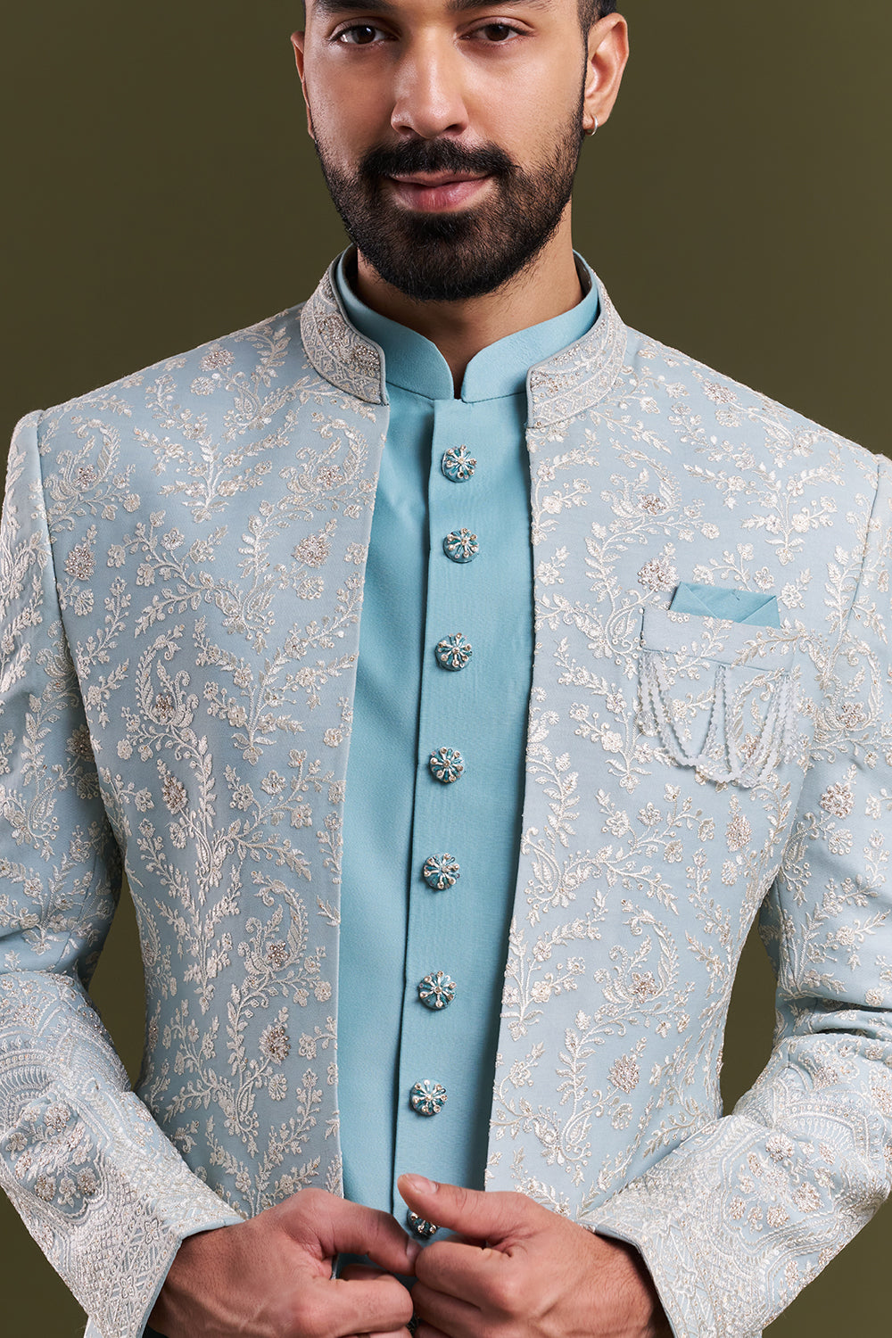 Aqua Blue Nokia Silk Embellished Men's Indo-Western Wear